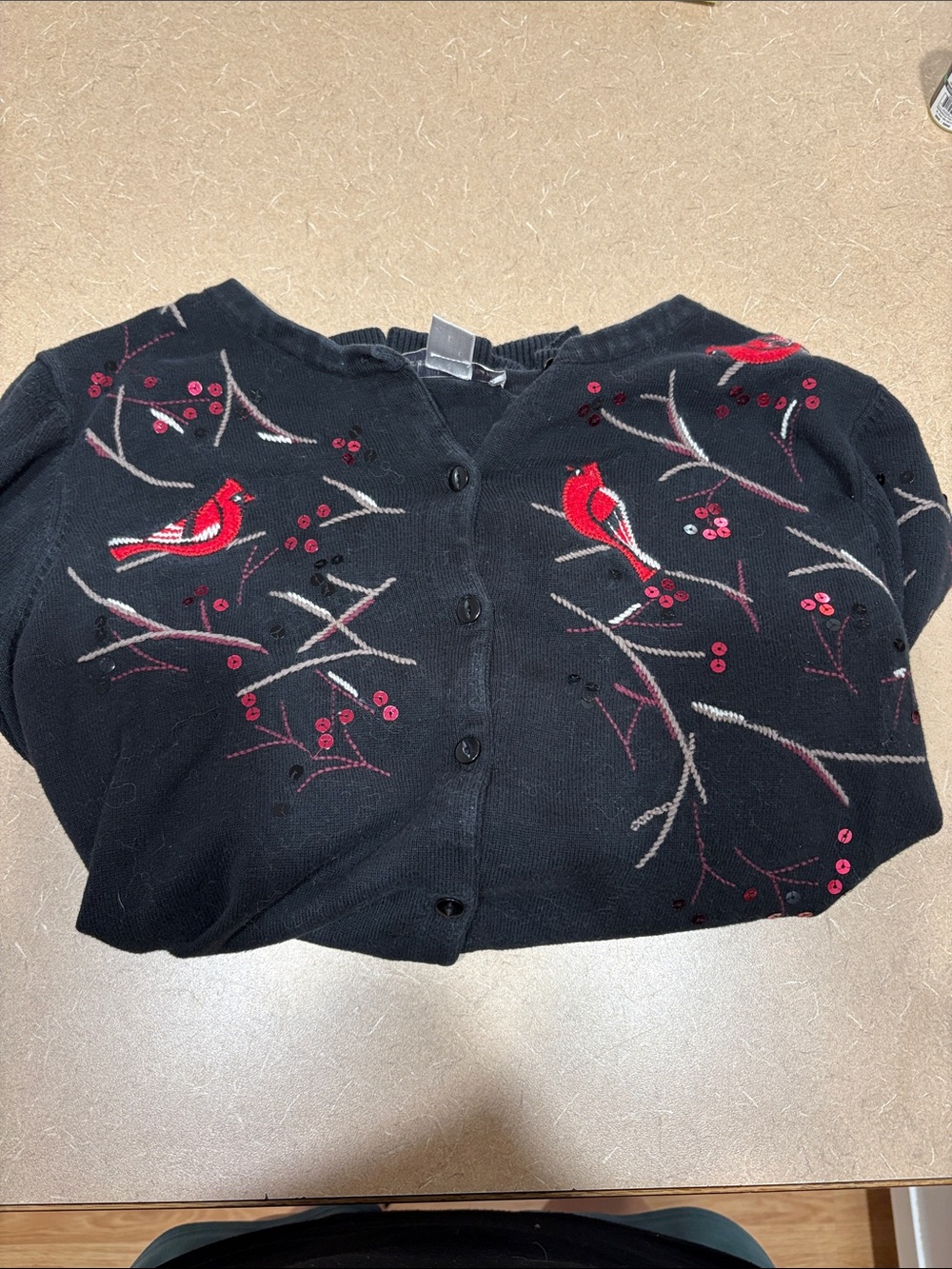 Christopher & Banks Black Cardigan with Red Cardinal Embroidery